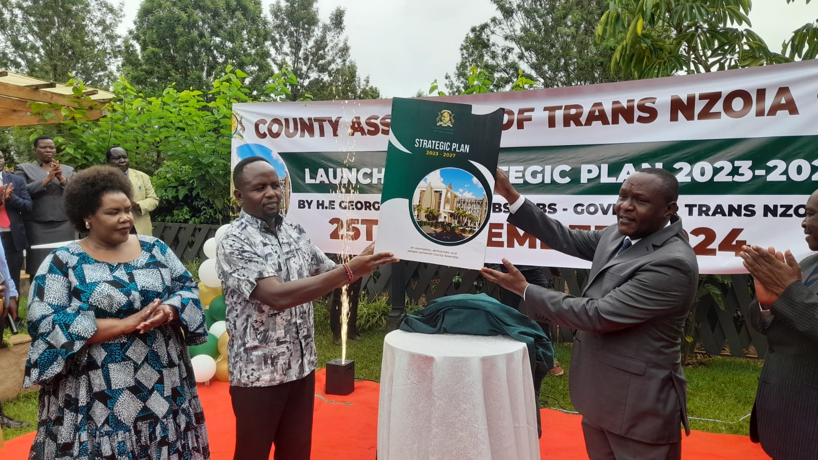 Governor George Natembeya with Trans Nzoia County Assembly Speaker Andrew Wanyonyi during the launch of Trans Nzoia County Assembly 2023-2027 Strategic Plan. Photo/Kipkorir Tarus