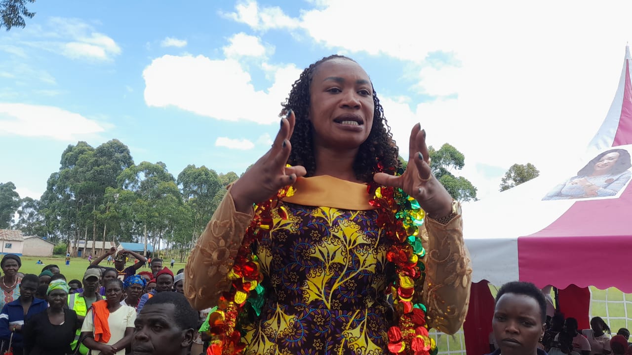 Trans Nzoia County Member of Parliament, Lilian Siyoi addressing residents of Bidii ward. Photo/Kipkorir Tarus