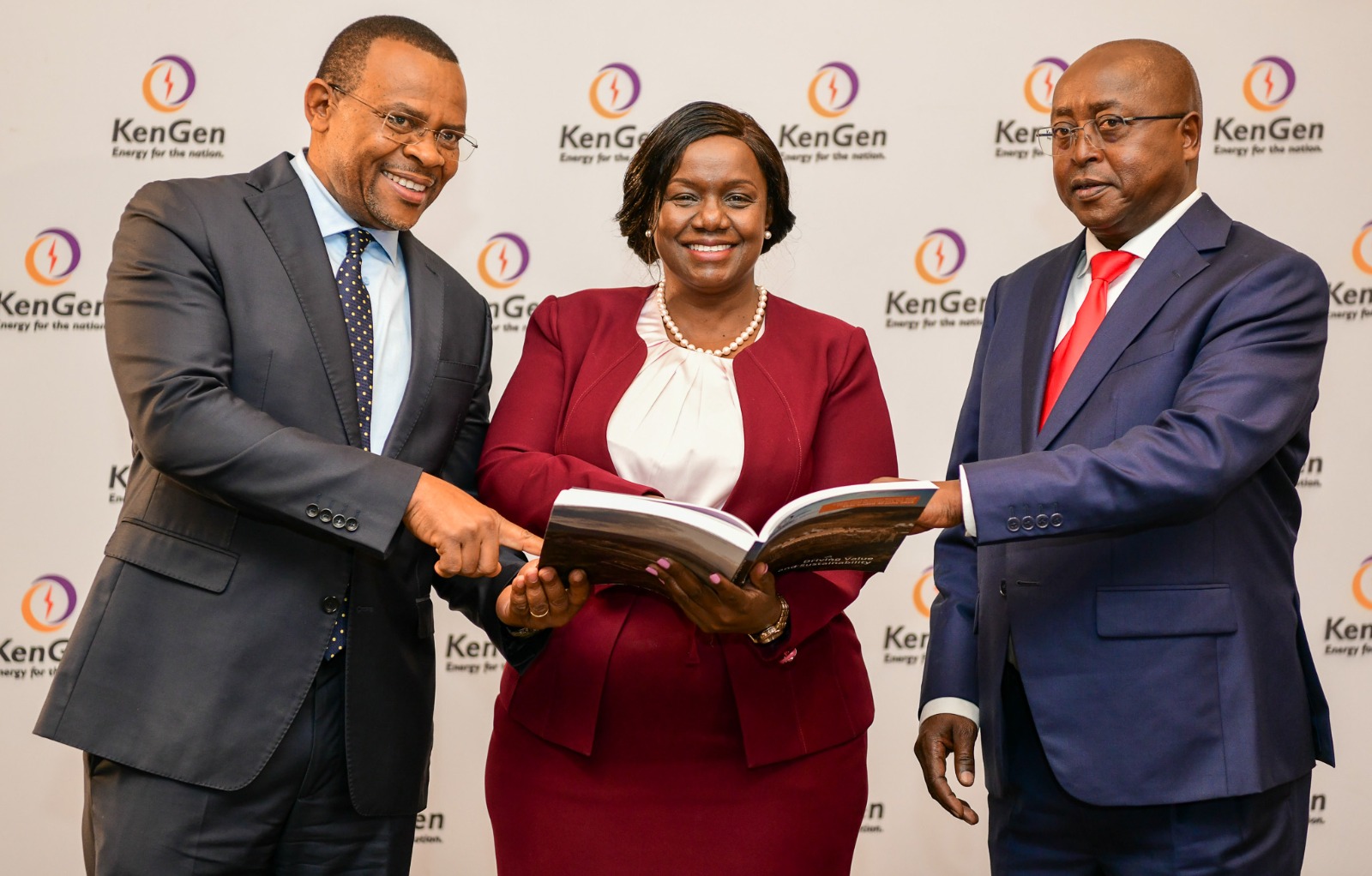 From Left to Right KenGen Managing Director and CEO Eng. Peter Njenga General Manager Finance Mary Maalu and KenGen Board Chairman Eng. Frank Konuch pose for a photo on the sidelines of KenGen AGM