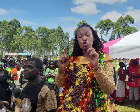 Trans Nzoia County Member of Parliament, Lilian Siyoi addressing residents of Bidii ward. Photo/Kipkorir Tarus