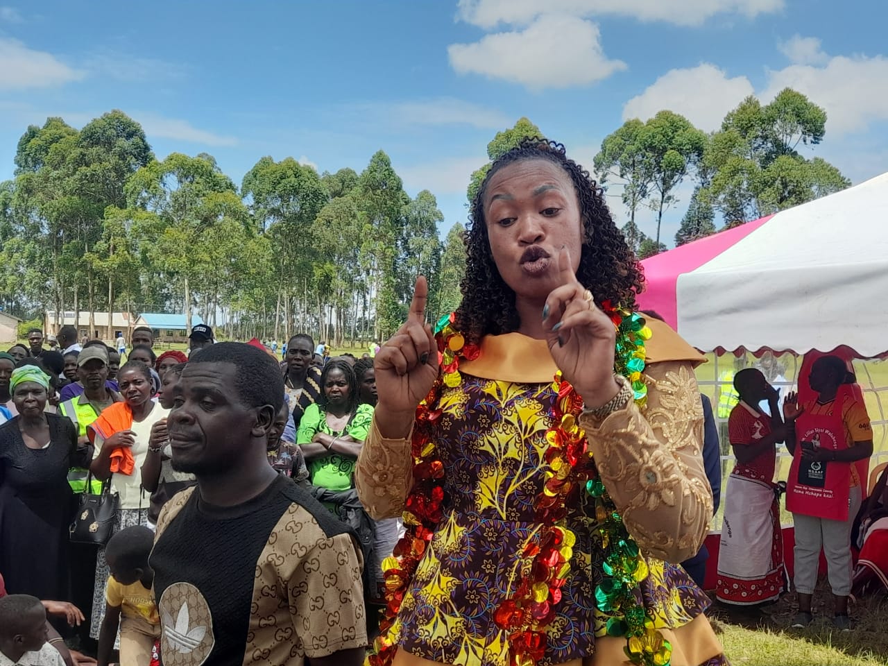 Trans Nzoia County Member of Parliament, Lilian Siyoi addressing residents of Bidii ward. Photo/Kipkorir Tarus