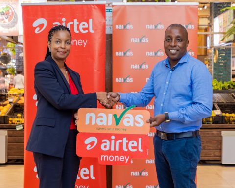 Airtel Money Managing Director, Ms. Anne Kinuthia-Otieno with Naivas Chief of Operations, Peter Mukuha