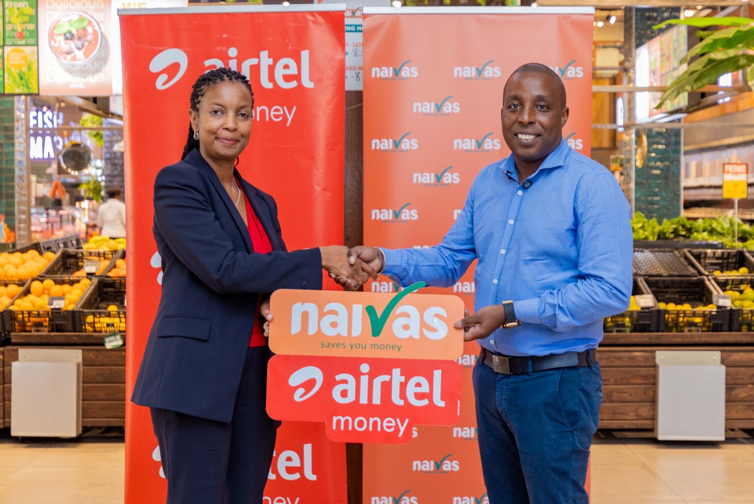 Airtel Money Managing Director, Ms. Anne Kinuthia-Otieno with Naivas Chief of Operations, Peter Mukuha