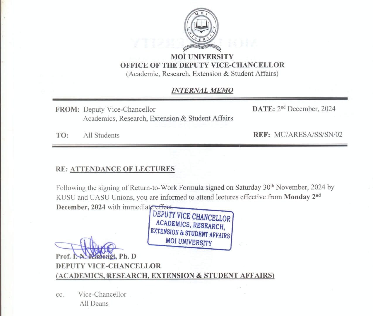 Moi University memo asking learners to attend classes