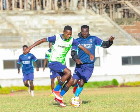 Soy United FC players during a training session at Kipchoge Keino Stadium