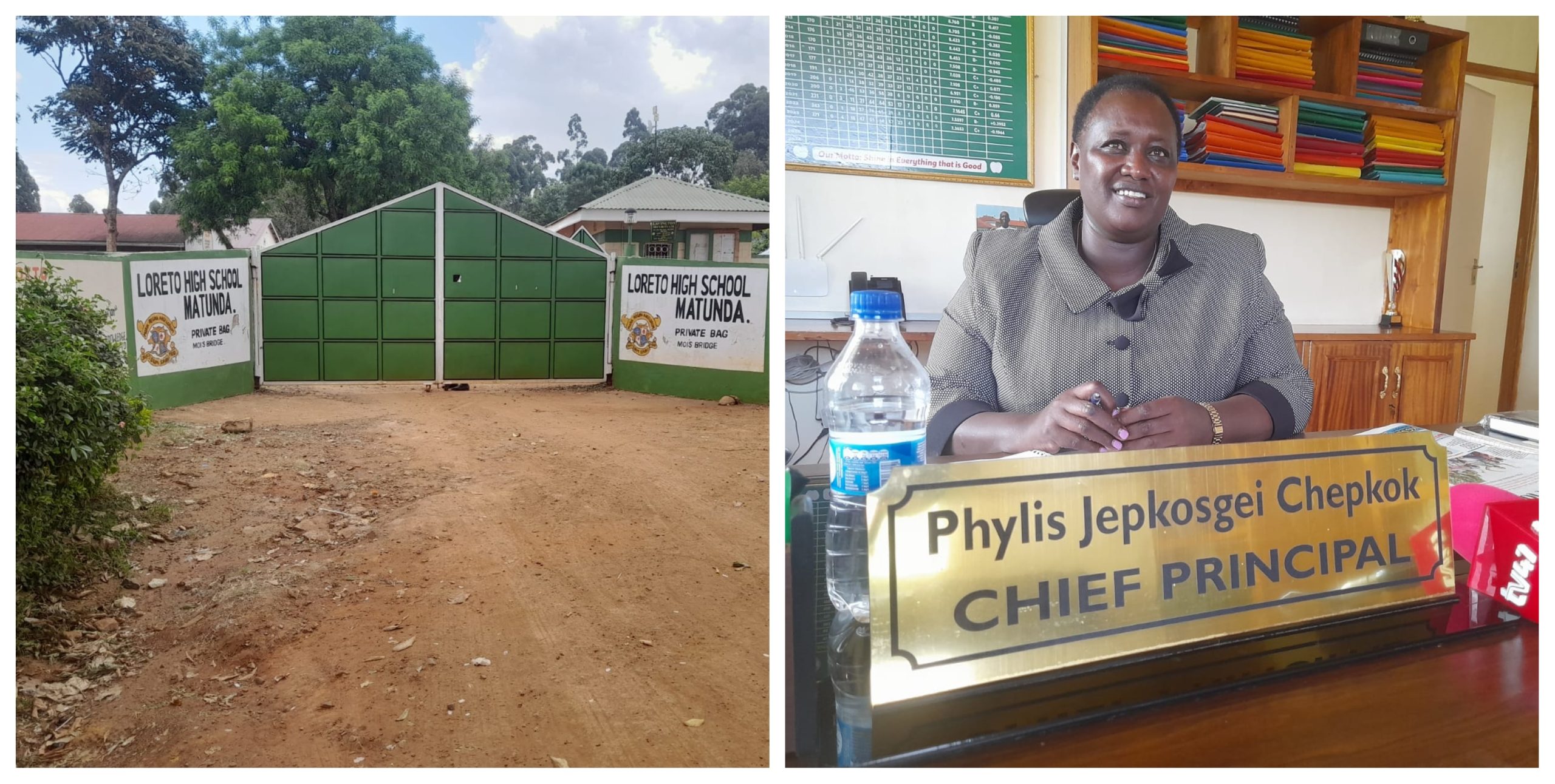 Collage of Loreto Matunda High School main gate and its Principal Dr. Phylis Chepkok.