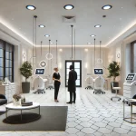 A wide view of an elegant and modern aesthetic clinic with Black professionals and clients.