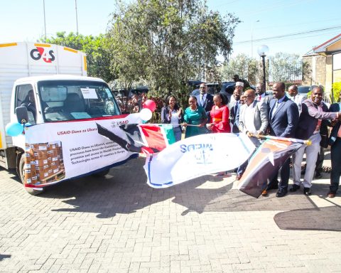 CS BARASA FLAGGING OFF Some of the trucks carrying a consignment of essential HIV commodities.