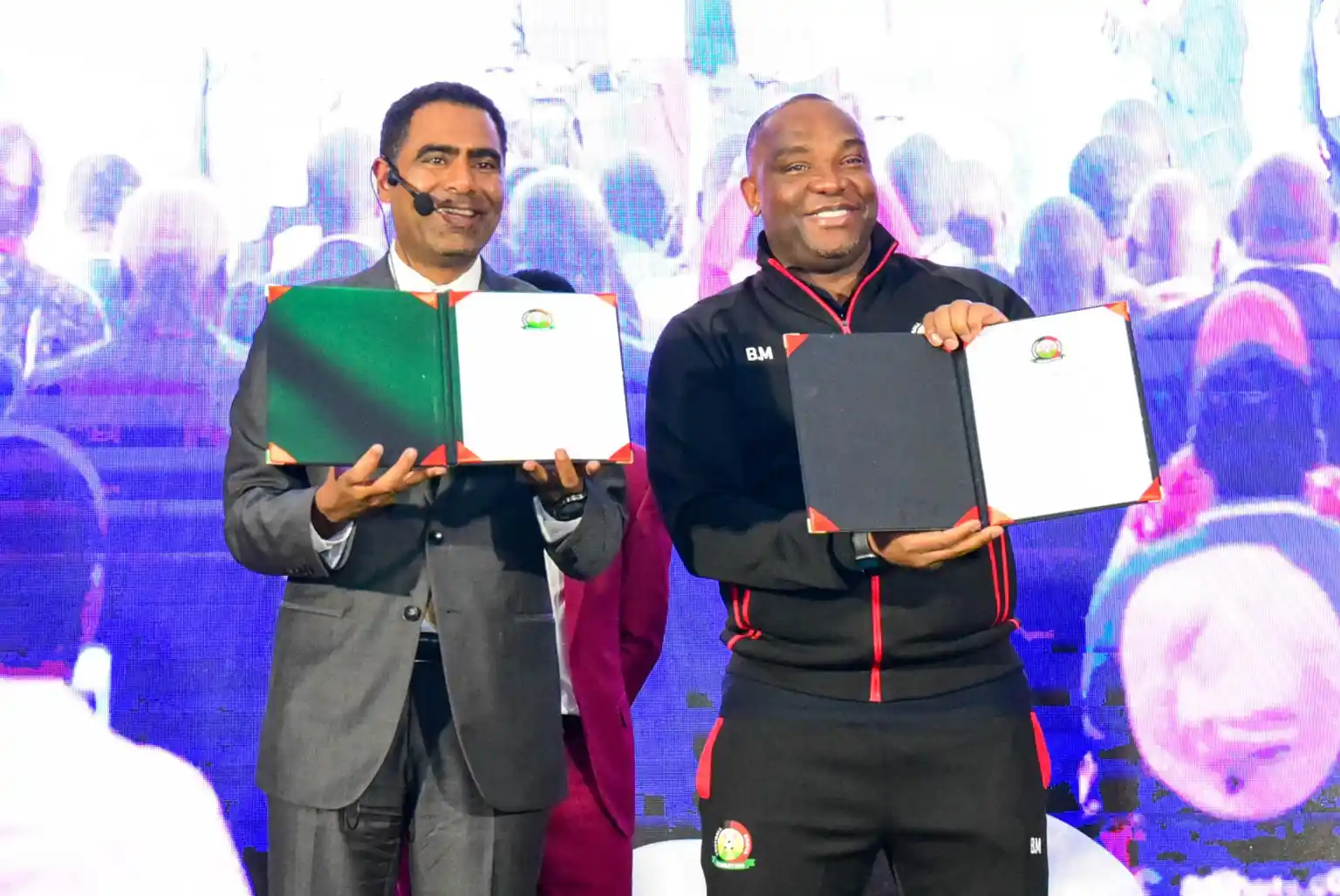 FKF President Hussein Mohammed with new Harambee Stars head coach Benni McCarthy