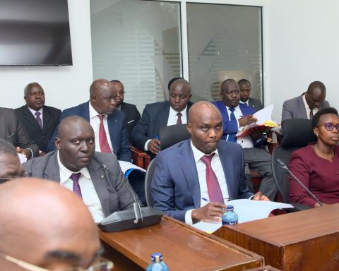 Governor Rotich with senior county officials when they appeared before Senate Committee on County Public Investments and Special Funds