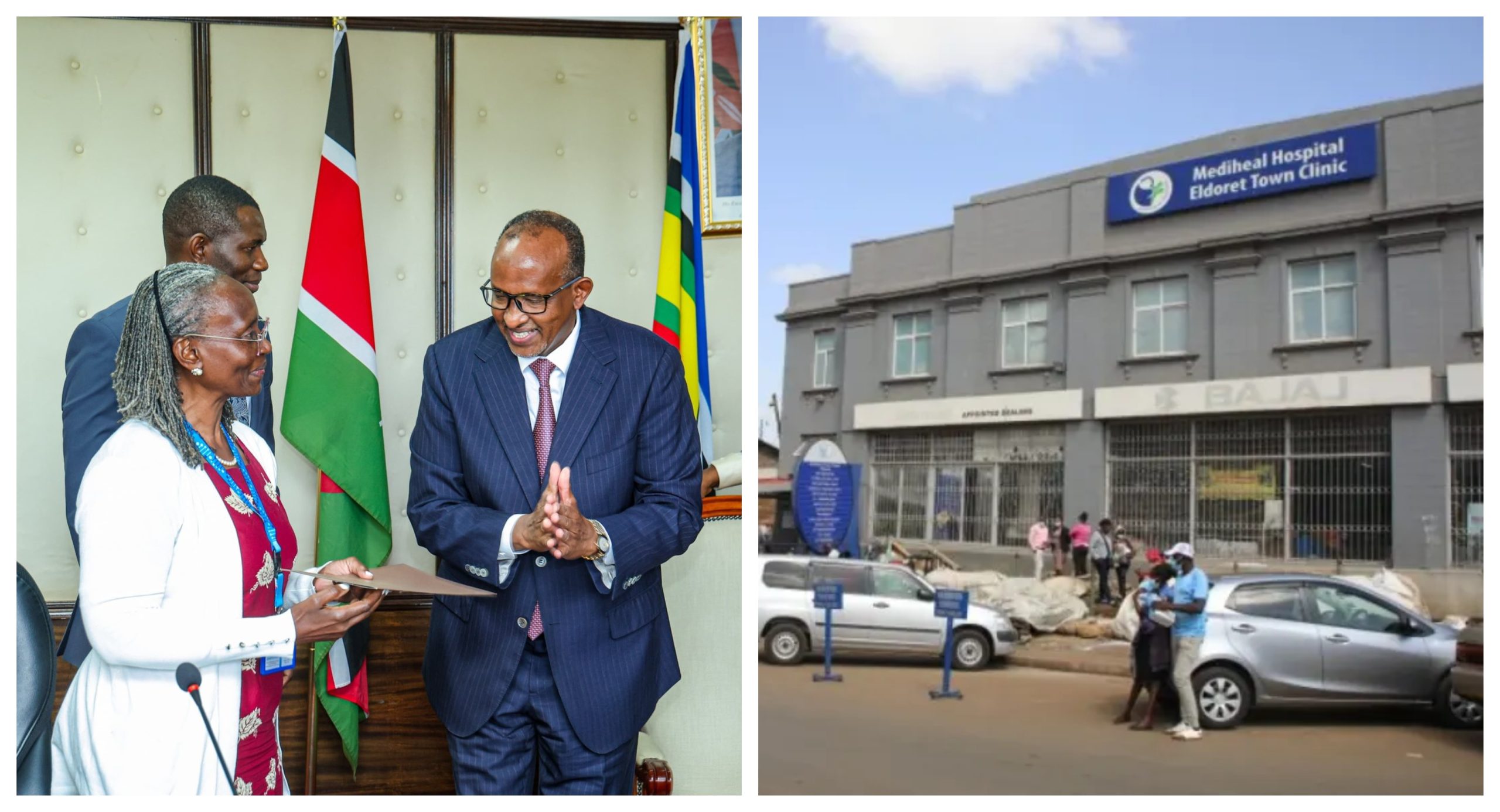 CS Duale with Independent Investigative Committee chairperson Prof. Elizabeth Bukusi. Right: Mediheal Hospital's Eldoret Town Clinic.