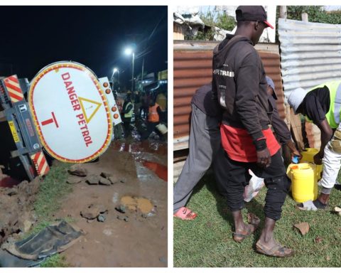 Fuel tanker youths with jerrycans containing fuel