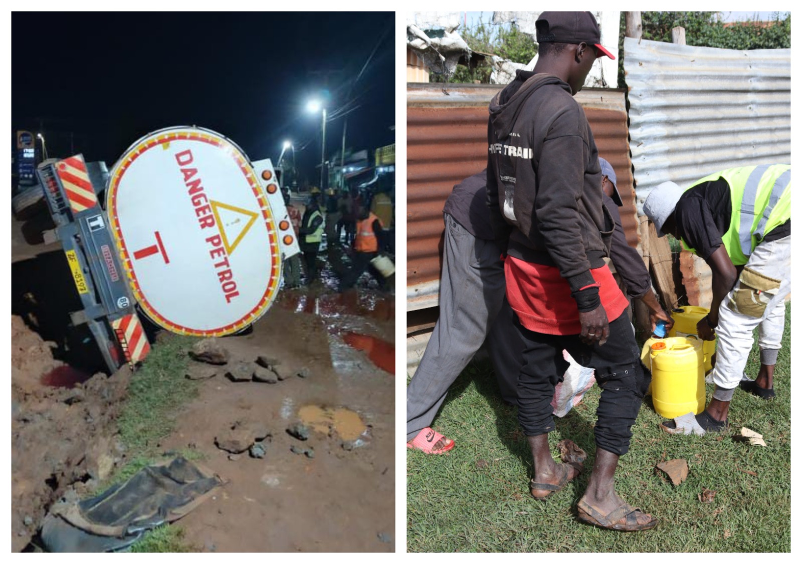 Fuel tanker youths with jerrycans containing fuel