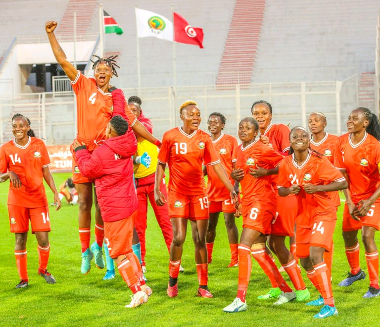 Harambee Starlets players celebrate after Tunsia away during WAFCON 2026 qualifiers.