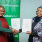 Safaricom Chief Consumer Business Officer Fawzia Ali-Kimanthi shake hands with Sistema.bio Africa Director, Eng. Madrin Maina after signing the agreement