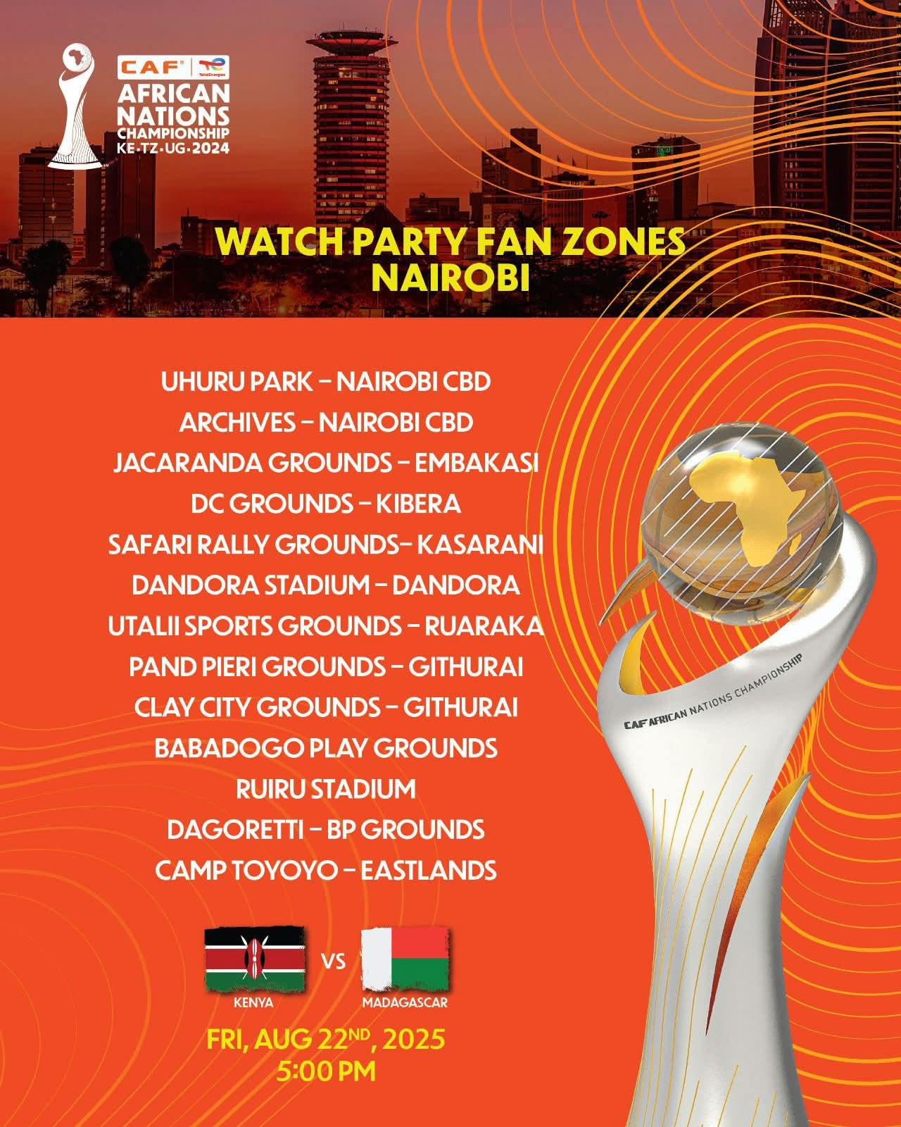 List of watch party fan zones in Nairobi for the Kenya Vs Madagascar CHAN quarterfinal game