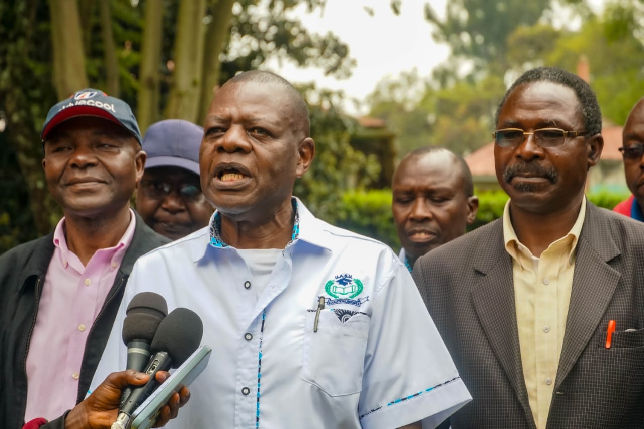 UASU Moi Chapter Secretary Dr. Busolo Wekesa with other union officials addressing the press in Eldoret 