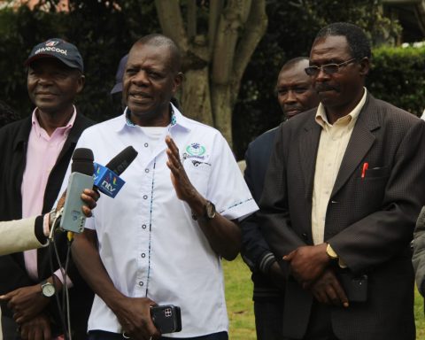 UASU Moi University chapter officials led by branch Secretary General Dr Busolo Wekesa during a media briefing in Eldoret