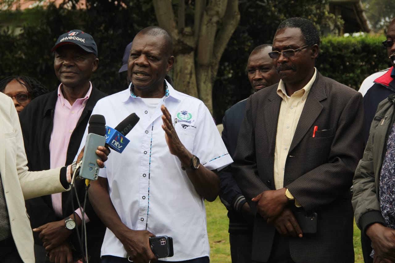 UASU Moi University chapter officials led by branch Secretary General Dr Busolo Wekesa during a media briefing in Eldoret