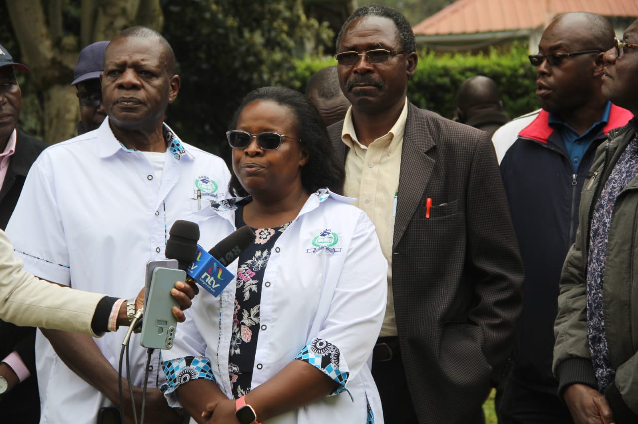 Moi University UASU chapter officials during a media briefing in Eldoret.