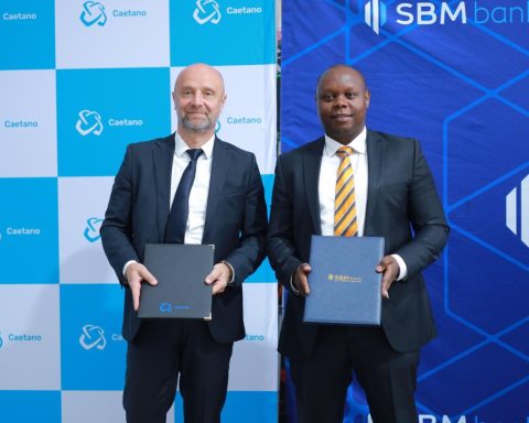 Managing Director, Caetano Kenya, Aurelian Glay (L) and SBM Bank Director, Corporate and Institutional Banking, Eric Wambua (R)