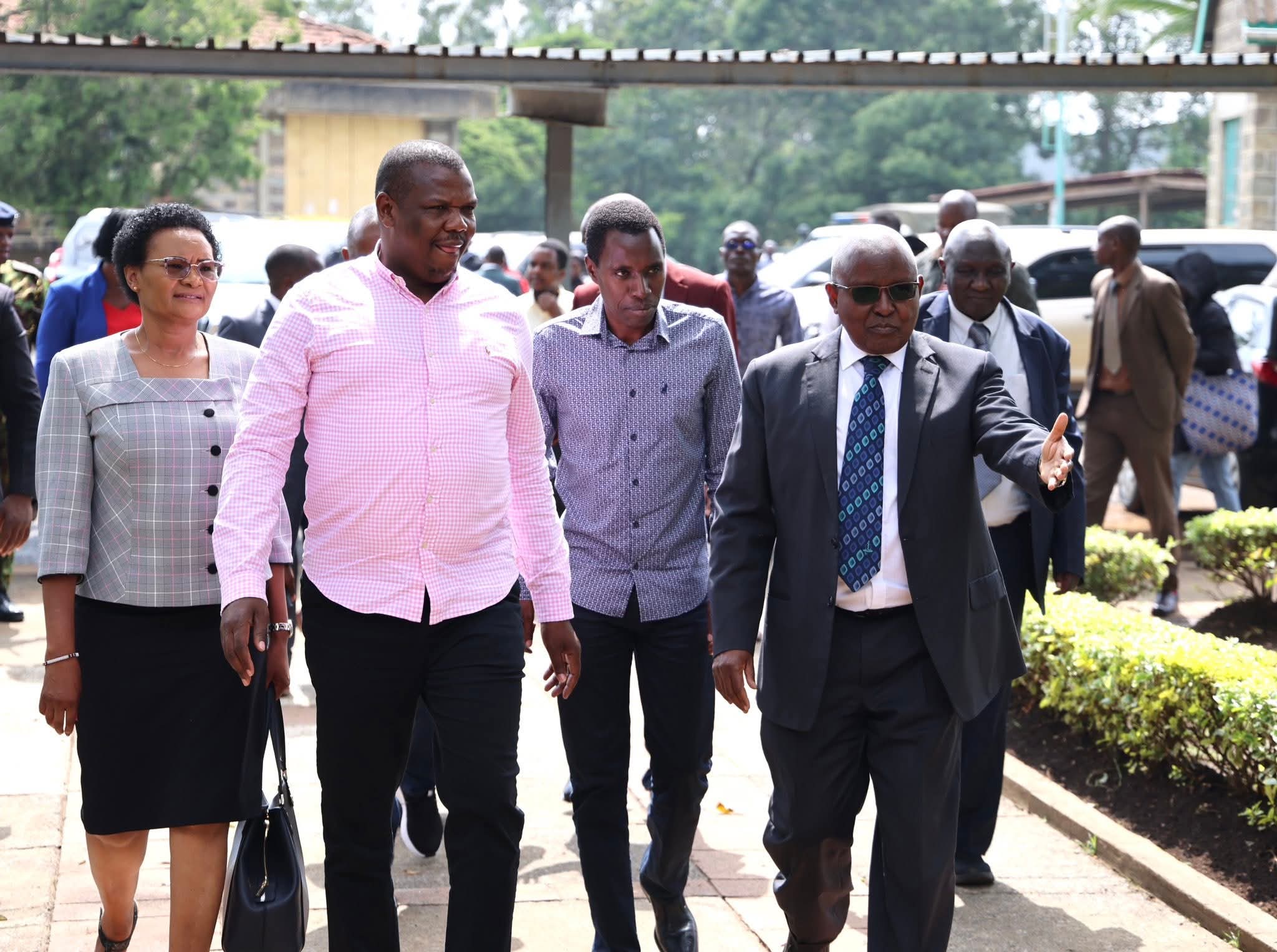 Egerton University VC Isaack Kibwage welcoming MP Jack Wamboka at the institution's Njoro campus