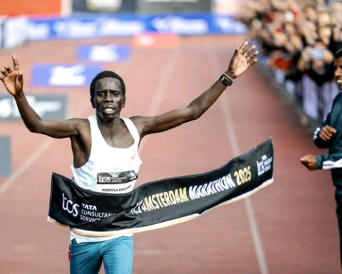 Kenya's Geoffrey Toroitich Kipchumba after winning the 2025 Amsterdam Marathon