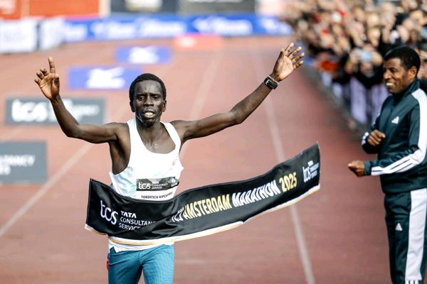 Kenya's Geoffrey Toroitich Kipchumba after winning the 2025 Amsterdam Marathon