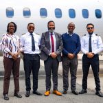 Jambojet MD Karanja Ndegwa (2nd right) is joined by Dr. Rose Koros (JKIA Airport Manager), Captain Joseph Muniu, Dr. Simon Peter Njoroge (General Manager, Operations, KAA) and First Officer Farshad Hassan