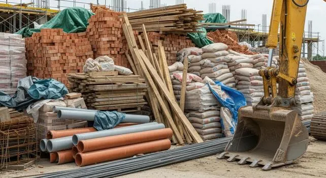 Construction site with building materials and excavator.