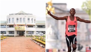 Collage of Eliud Kipchoge Sports Complex building and world marathon record holder Sebastian Sawe.