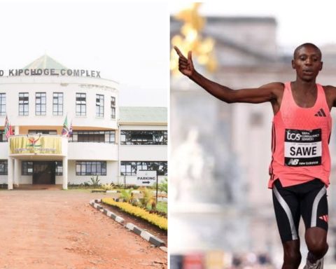 Collage of Eliud Kipchoge Sports Complex building and world marathon record holder Sebastian Sawe.