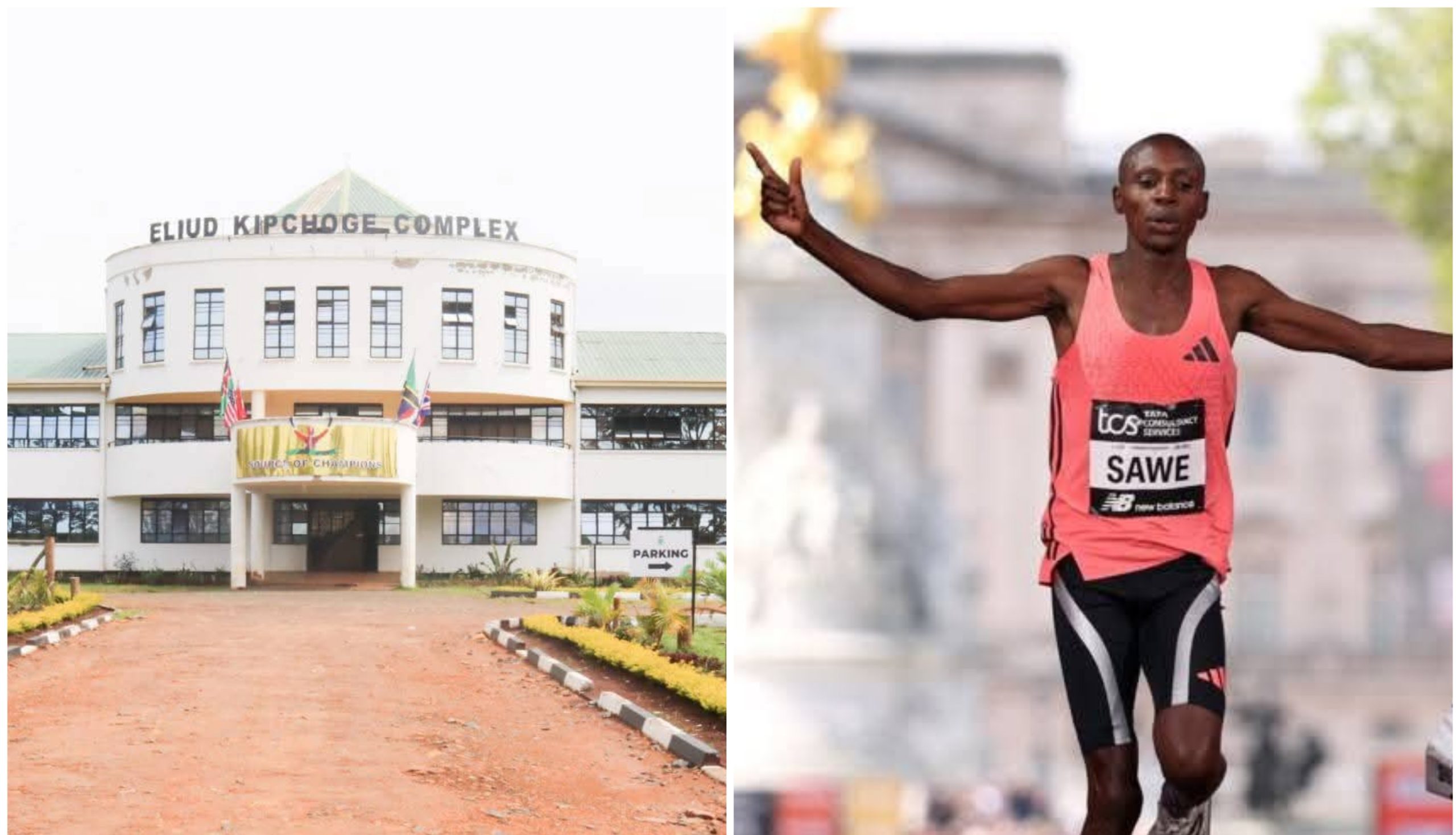 Collage of Eliud Kipchoge Sports Complex building and world marathon record holder Sebastian Sawe.