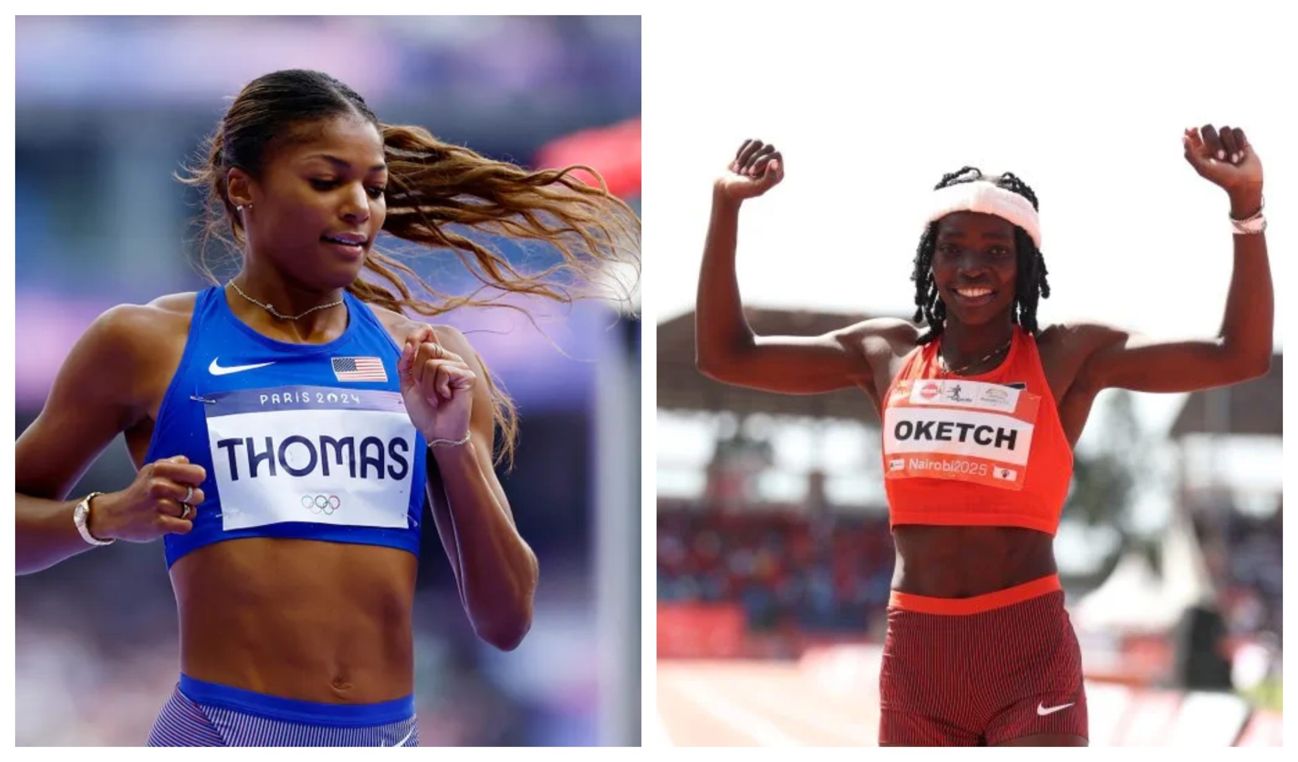 Collage of Olympic 200m champion Gabby Thomas (left) and Kenya’s national outdoor and indoor 400m record holder Mercy Oketch.