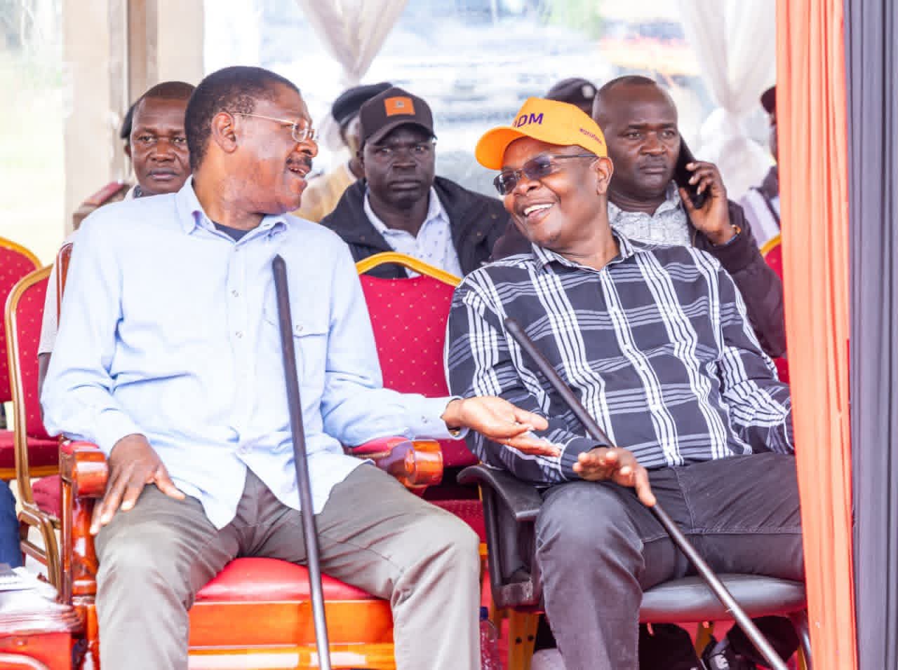 National Assembly Speaker Moses Wetang'ula shares a light moment with Busia Governor Paul Otuoma 
