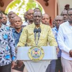 President Ruto (c) with CS Opiyo Wandayi and Nairobi Governor Johnson Sakaja during a media briefing in Mombasa after a meeting with transport sector players.