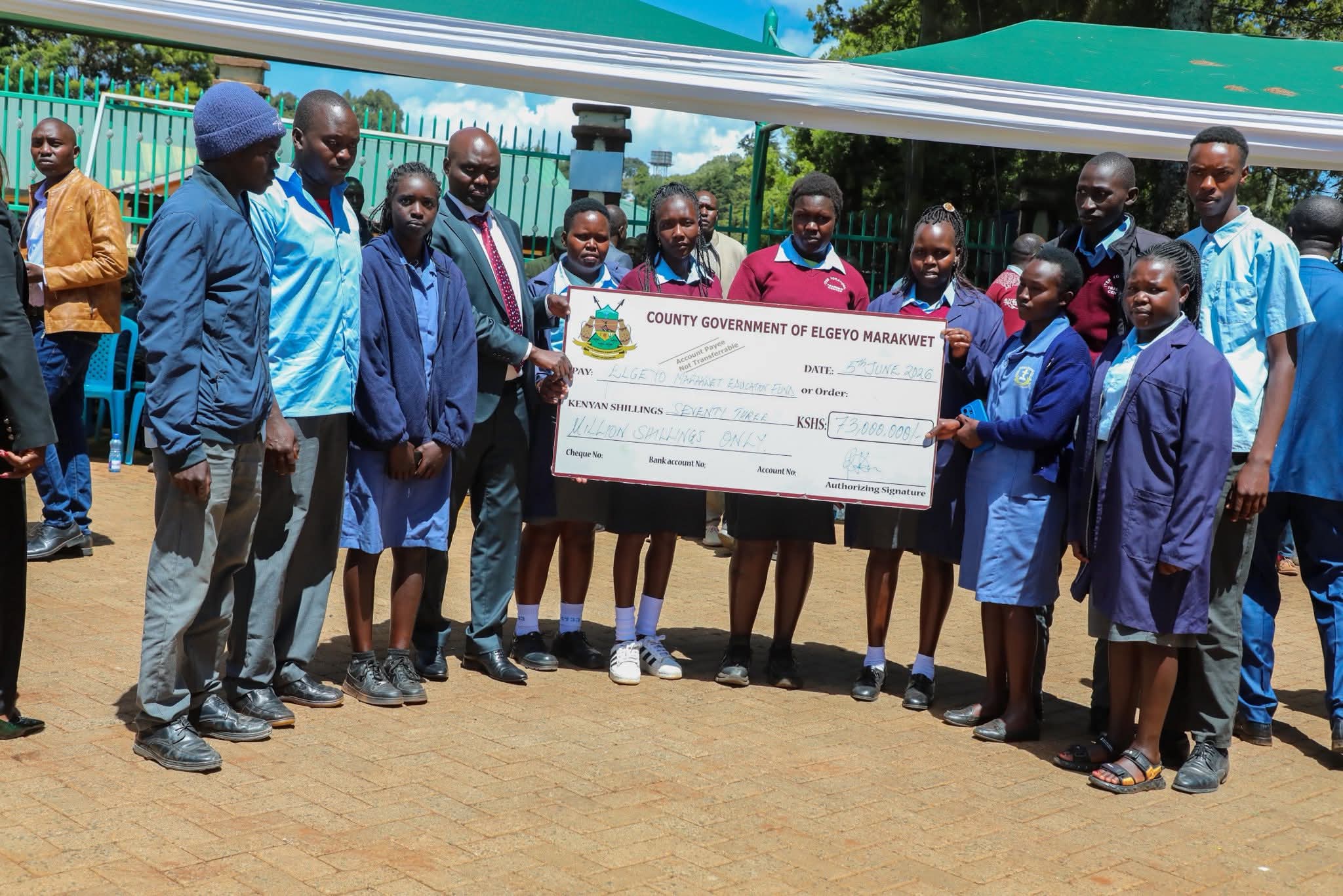 Elgeyo Marakwet Governor Wisley Rotich with some beneficiaries of the Ksh 73m bursary allocation