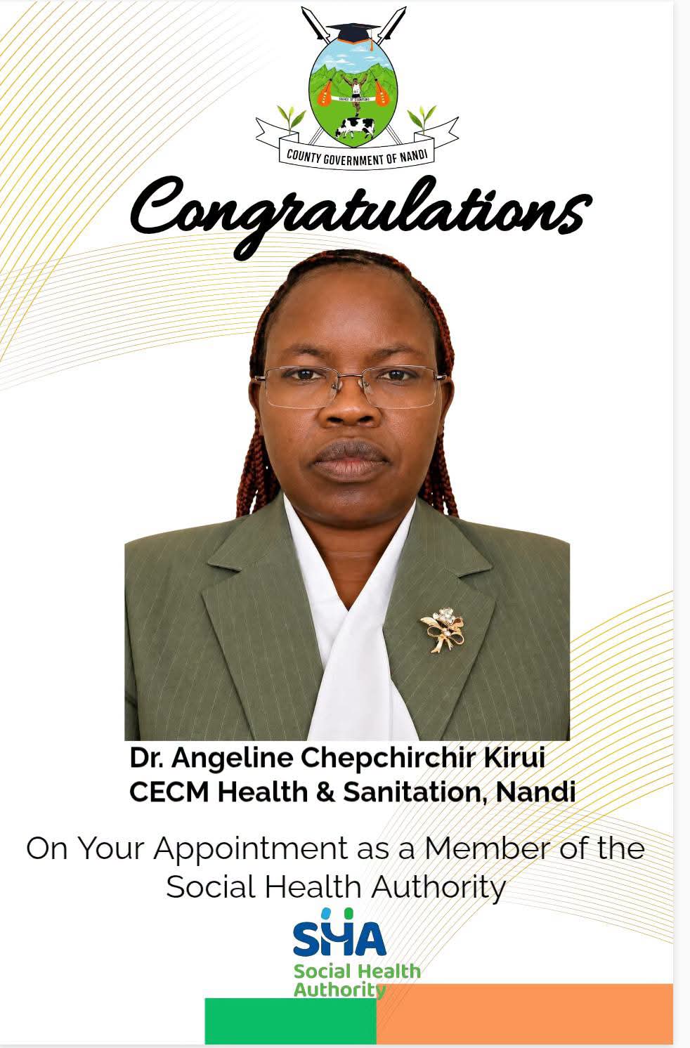 Poster of Nandi Health CECM Angeline Kirui after being appointed SHA board member 
