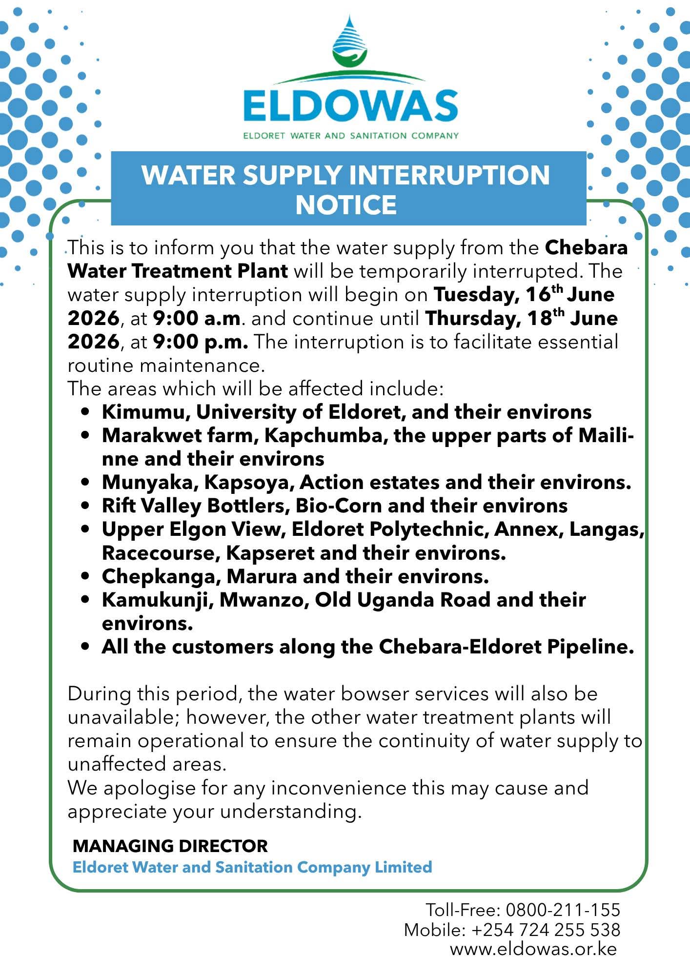 Public notice by ELDOWAS on planned water supply interruption