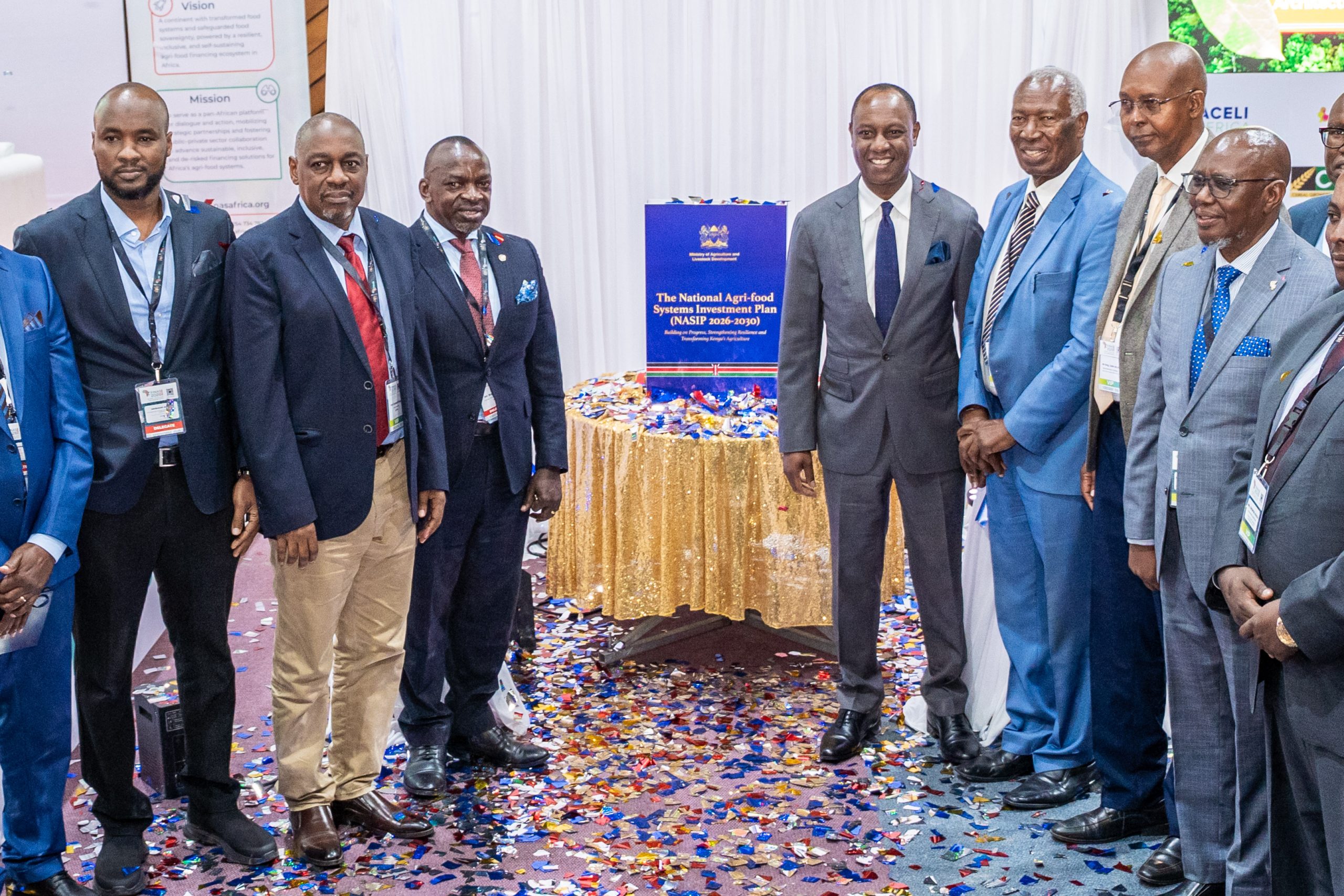 Livestock Development PS, Jonathan Mueke (4th Left) with leaders from FINAS Summit 2026 during the launch of NASIP 2026-2030 at KICC, Nairobi