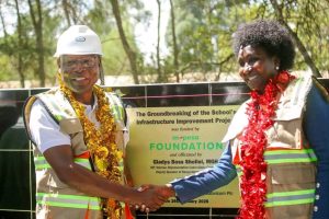 Gladys Boss with Safaricom Foundation chairperson during launch of the reconstruction of Plateau Primary School.