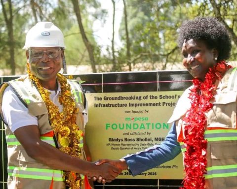 Gladys Boss with Safaricom Foundation chairperson during launch of the reconstruction of Plateau Primary School.