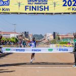 Erick Kiplangat crosses the finish line at the 2026 Betika Uasin Gishu Half Marathon.