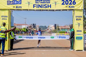 Erick Kiplangat crosses the finish line at the 2026 Betika Uasin Gishu Half Marathon.