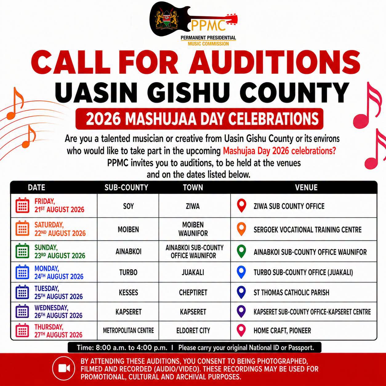 Permanent Presidential Music Commission announces date, venue for Mashujaa Day auditions