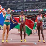 Australia’s Jess Hull with Kenya’s Faith Kipyegon and Dorcus Ewoi celebrate after the women’s 1500m final at the World Athletics Championships in Tokyo.