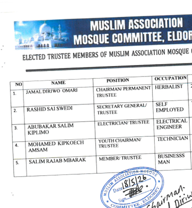 Proposed list of new Muslim Association Mosque Committee, Eldoret trustees.