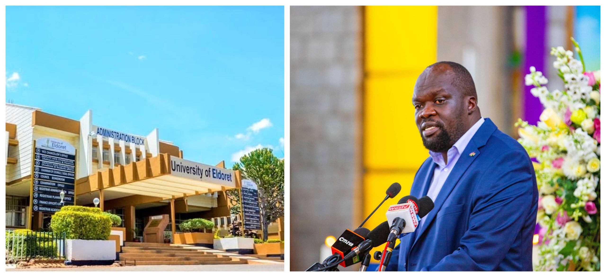 Collage of University of Eldoret administration block (left) and Kileleshwa MCA Robert Alai (right)