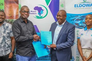 ELDOWAS Managing Director CPA Dr. Lawrence Tanui and Africa Water Ambassadors Chairman Brian Misiati (left)