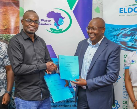 ELDOWAS Managing Director CPA Dr. Lawrence Tanui and Africa Water Ambassadors Chairman Brian Misiati (left)